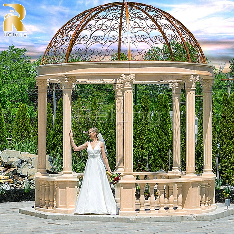 Custom Large Outdoor Garden Wedding Decoration Hand-Carved Sunset Red Marble Gazebo Stone Sculpture