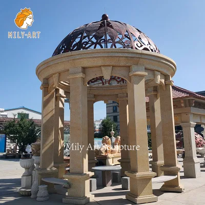 Gazebo externo de grande coluna de granito com pavilhão de pedra superior de ferro para jardim