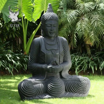 Decoração ao ar livre esculpida estátuas de buda em granito preto polido grande pedra meditando escultura de buda