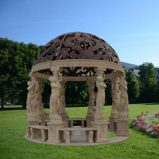 Escultura de material de construção em mármore de granito marrom cinzelando jardim gazebo com cúpula de cobre