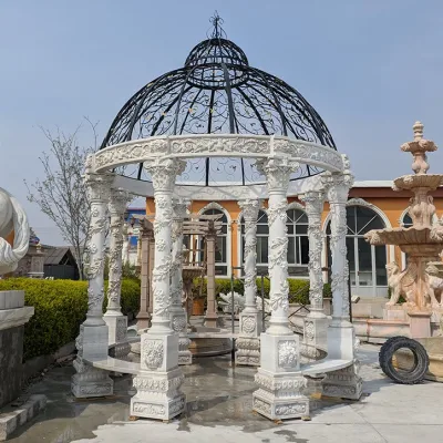 Gazebo de mármore de pedra natural esculpida à mão para jardim ao ar livre